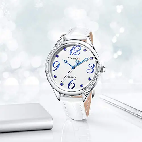 Comtex Orologio analogico da polso da donna, cinturino in pelle, impermeabile (Bianco(blu)) miniatura 2