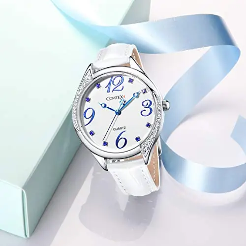 Comtex Orologio analogico da polso da donna, cinturino in pelle, impermeabile (Bianco(blu)) miniatura 3