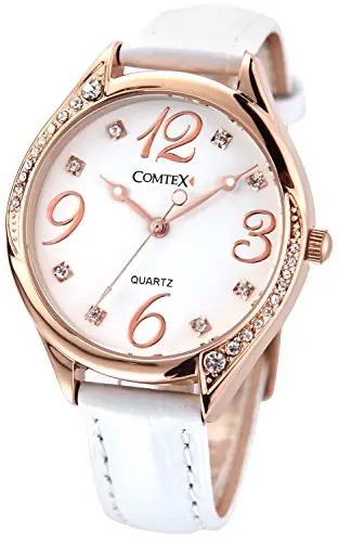Comtex Orologio da polso donna cinturino in pelle bianca cassa in oro rosa