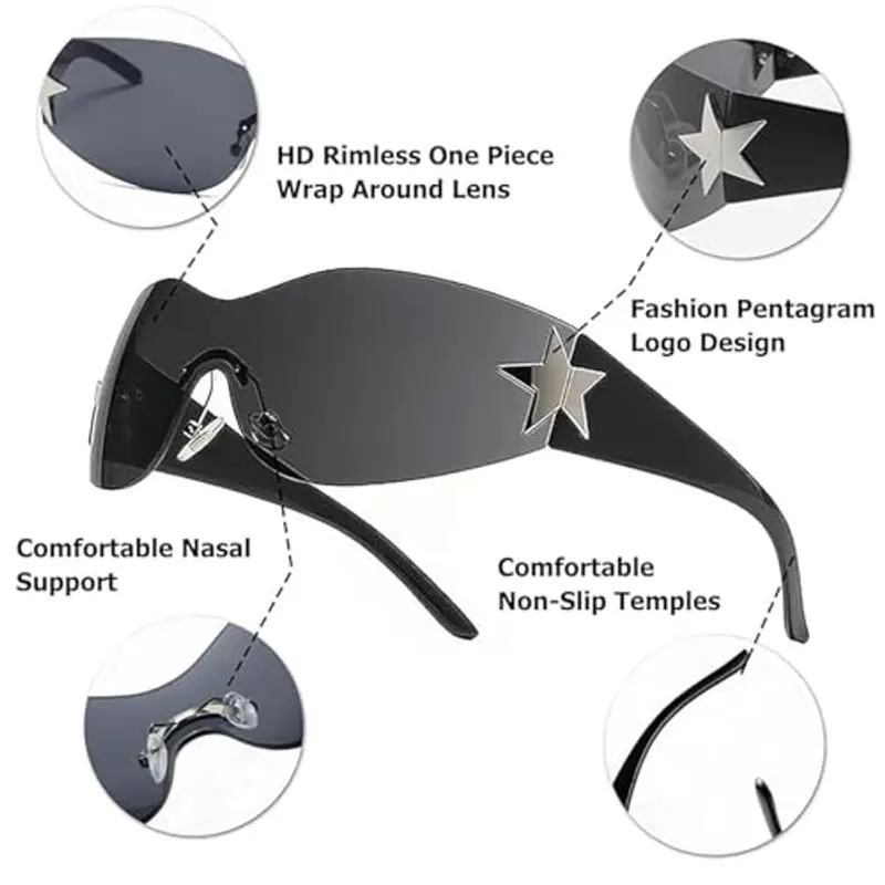 Confezione Da 2 Occhiali Da Sole Avvolgenti Y2k, Occhiali Da Sole Y2k Senza Montatura, Occhiali Da Sole per Ragazze Adolescenti, Occhiali Da Sole Rettangolari, Per Uso Esterno miniatura 3