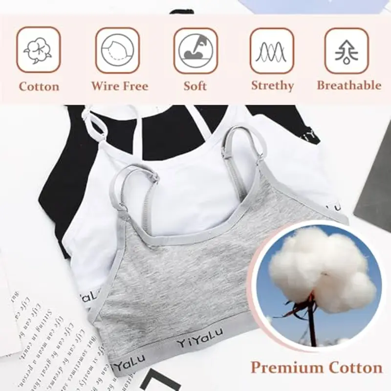 Confezione da 3 Reggiseno da Allenamento Senza Cuciture per Ragazze Cotone Adolescenti Bambine Sportivo Intimo con Fisso Torace Pastiglie e Spallacci Regolabili per 10-14 Anni miniatura 3