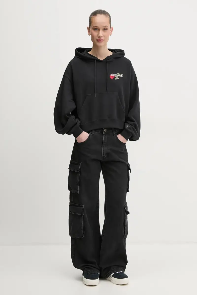 felpa donna colore nero con cappuccio con applicazione 10028309-A02 miniatura 2