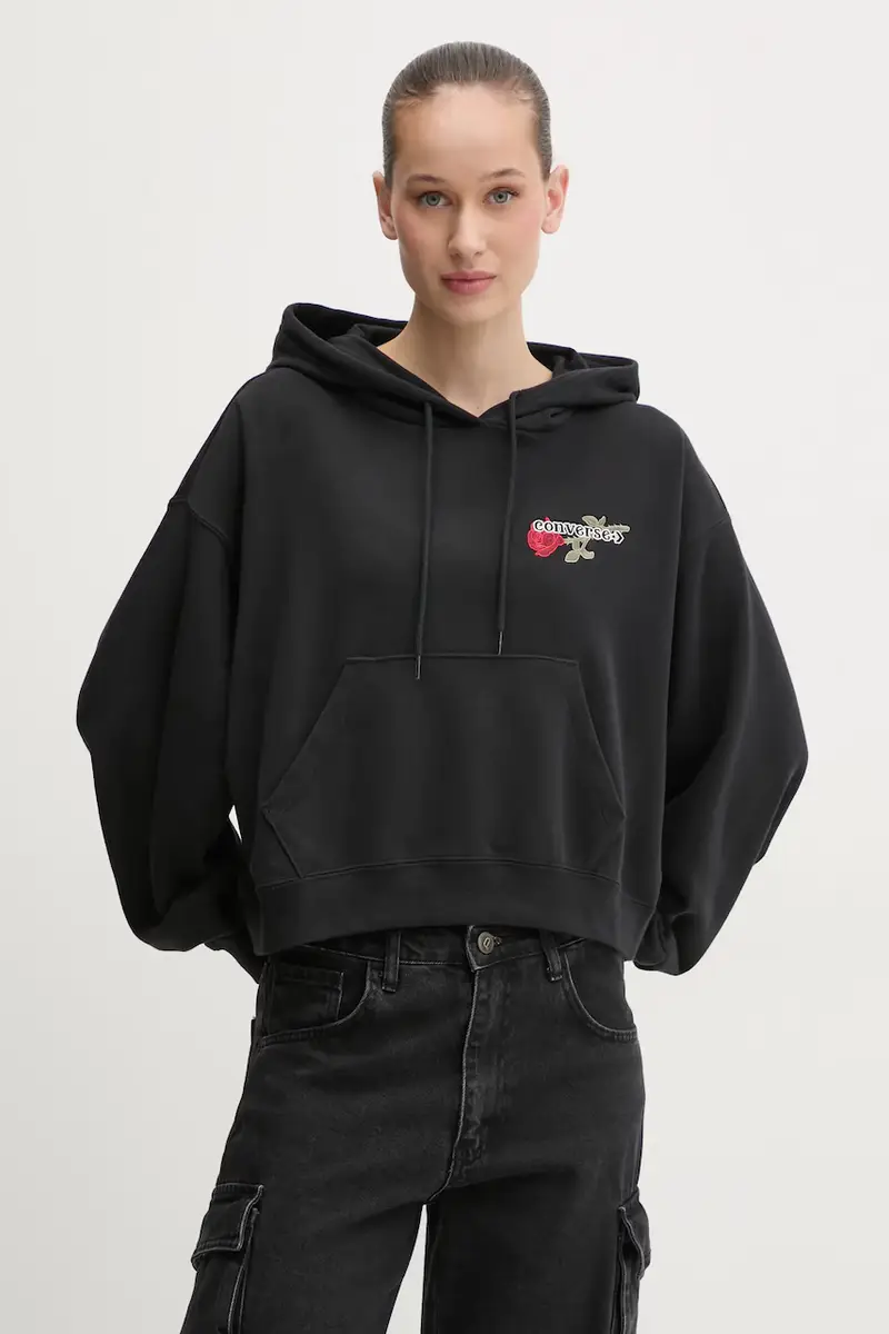 felpa donna colore nero con cappuccio con applicazione 10028309-A02