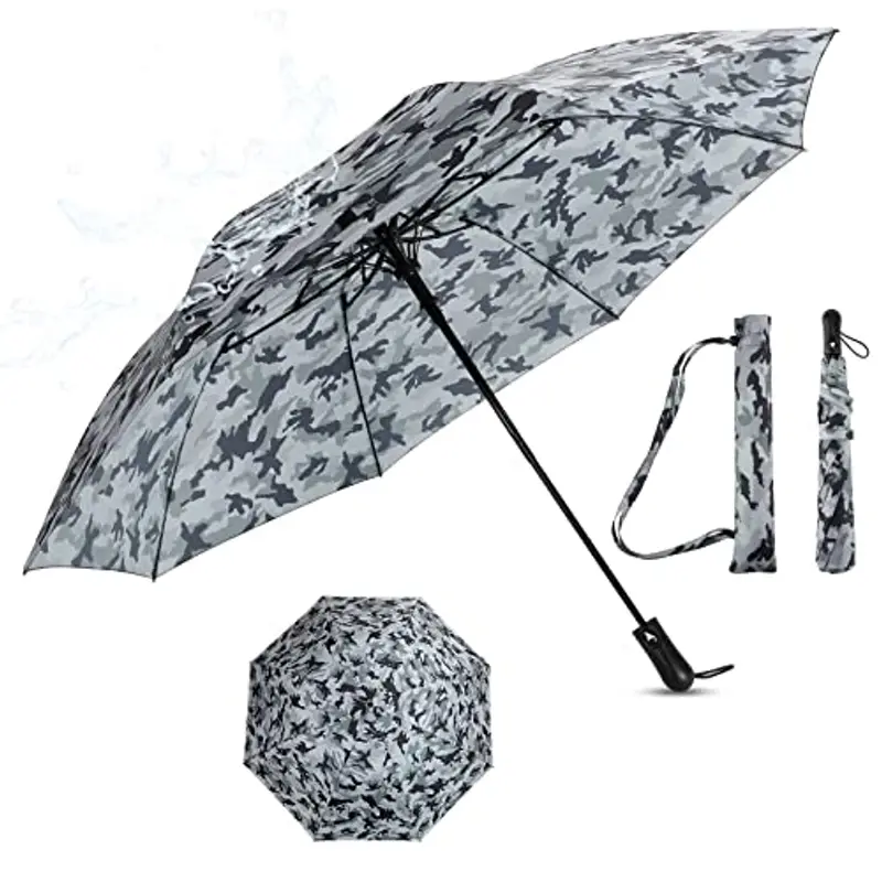 Cooloutdoors Ombrello antivento da viaggio per pioggia, ombrello resistente e compatto, telaio in metallo resistente, tettoia antivento e impermeabile, ombrello portatile grigio militare da viaggio