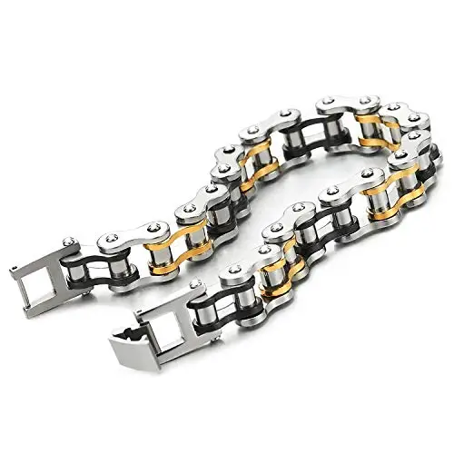 COOLSTEELANDBEYOND Bracciale da Uomo, Argento Nero Oro Catena di Bicicletta, Acciaio Inossidabile, Fibbia Chiusura miniatura 2