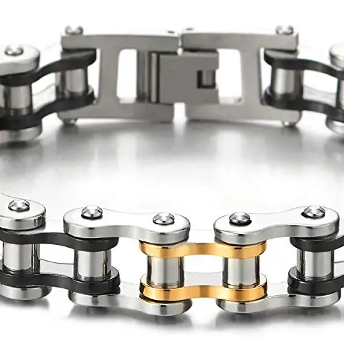 COOLSTEELANDBEYOND Bracciale da Uomo, Argento Nero Oro Catena di Bicicletta, Acciaio Inossidabile, Fibbia Chiusura miniatura 3