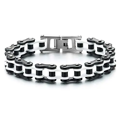 COOLSTEELANDBEYOND di Alta qualità- Bianco Nero Bracciale da Uomo, Catena di Bicicletta, Acciaio Inossidabile, Fibbia miniatura 2
