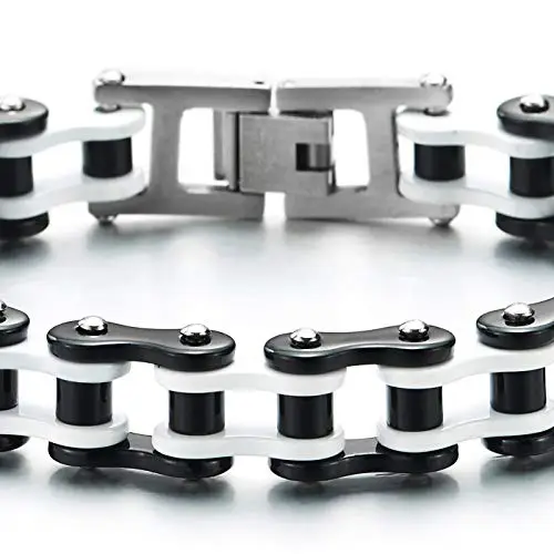COOLSTEELANDBEYOND di Alta qualità- Bianco Nero Bracciale da Uomo, Catena di Bicicletta, Acciaio Inossidabile, Fibbia miniatura 3