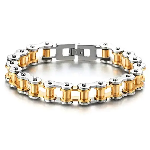 COOLSTEELANDBEYOND Maschile Argento Oro Due Toni Bracciale da Uomo, Catena di Bicicletta Moto, Acciaio Inossidabile,
