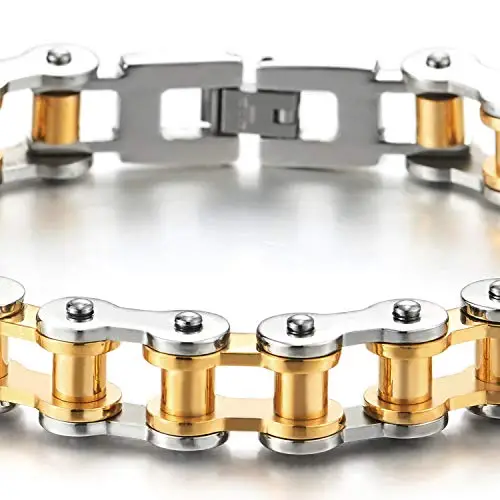 COOLSTEELANDBEYOND Maschile Argento Oro Due Toni Bracciale da Uomo, Catena di Bicicletta Moto, Acciaio Inossidabile miniatura 2