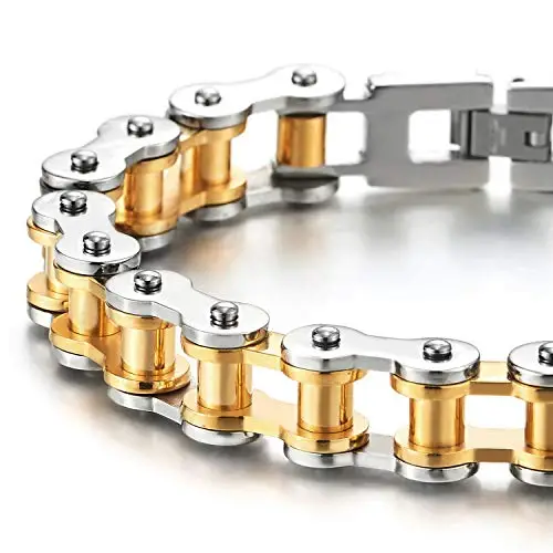 COOLSTEELANDBEYOND Maschile Argento Oro Due Toni Bracciale da Uomo, Catena di Bicicletta Moto, Acciaio Inossidabile miniatura 3