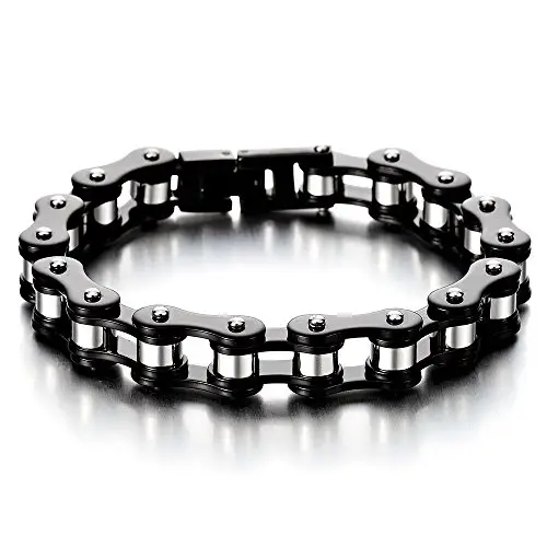 COOLSTEELANDBEYOND Maschile Nero Argento Due Toni Bracciale da Uomo, Catena di Bicicletta Moto, Acciaio Inossidabile,