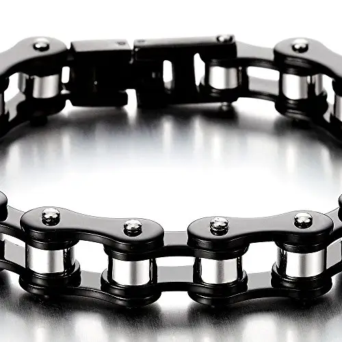 COOLSTEELANDBEYOND Maschile Nero Argento Due Toni Bracciale da Uomo, Catena di Bicicletta Moto, Acciaio Inossidabile miniatura 2