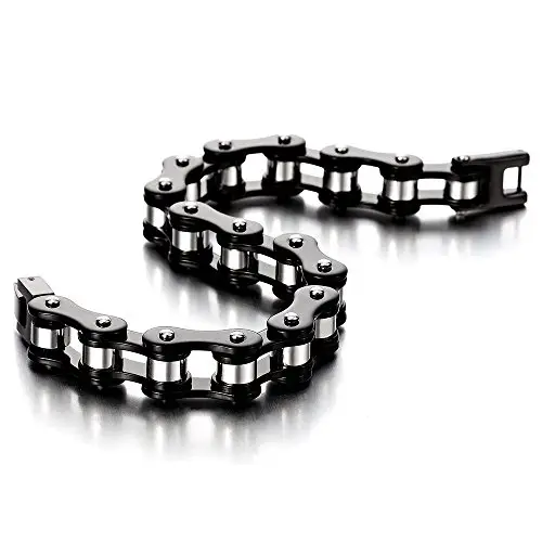 COOLSTEELANDBEYOND Maschile Nero Argento Due Toni Bracciale da Uomo, Catena di Bicicletta Moto, Acciaio Inossidabile miniatura 3