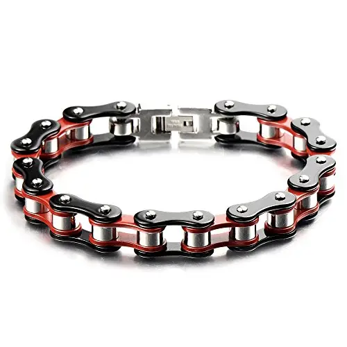 COOLSTEELANDBEYOND Pesante e Studio - Bracciale da Uomo, Catena di Bicicletta, Acciaio Inossidabile, Colore Rosso Nero,