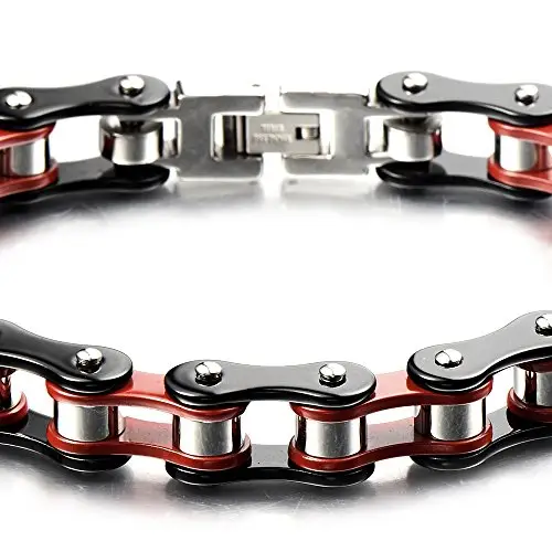 COOLSTEELANDBEYOND Pesante e Studio - Bracciale da Uomo, Catena di Bicicletta, Acciaio Inossidabile, Colore Rosso Nero miniatura 3