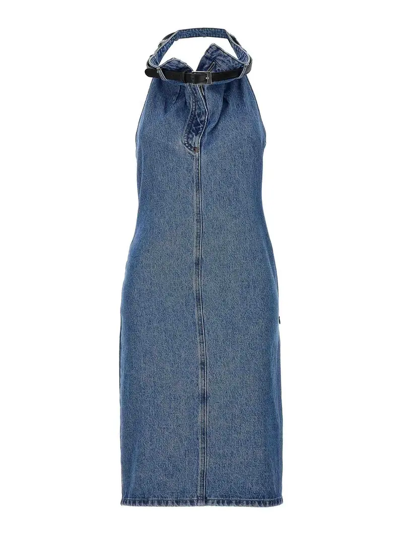 Abito con scollo all'americana e cintura Blu