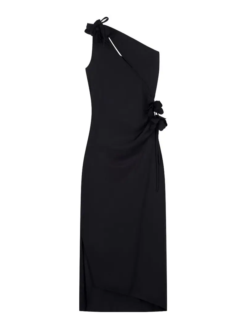Vestito midi asimmetrico a fiori Nero