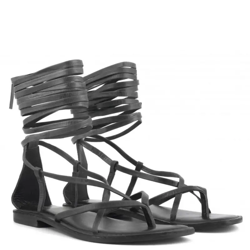 sandali bassi da donna con lacci alla schiava e fasce a infradito nero miniatura 2