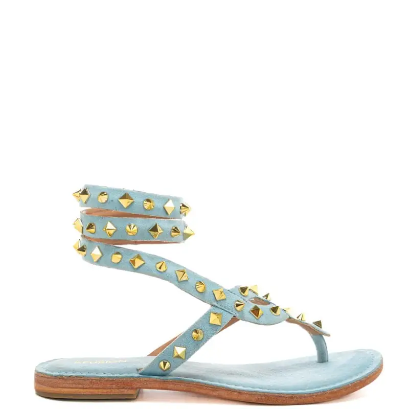 sandali bassi da donna wrap up con borchie denim