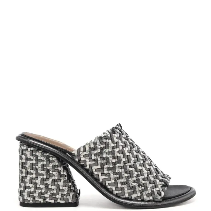 Coral Blue sandali da donna con tacco medio largo in vera pelle laminata intrecciata nero black e argento