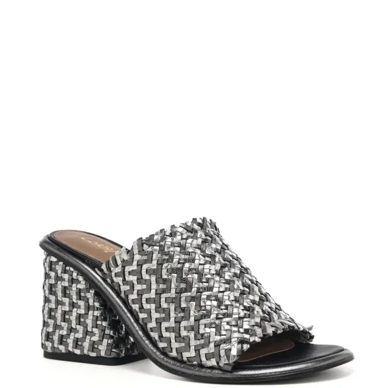 Coral Blue sandali da donna con tacco medio largo in vera pelle laminata intrecciata nero black e argento miniatura 2