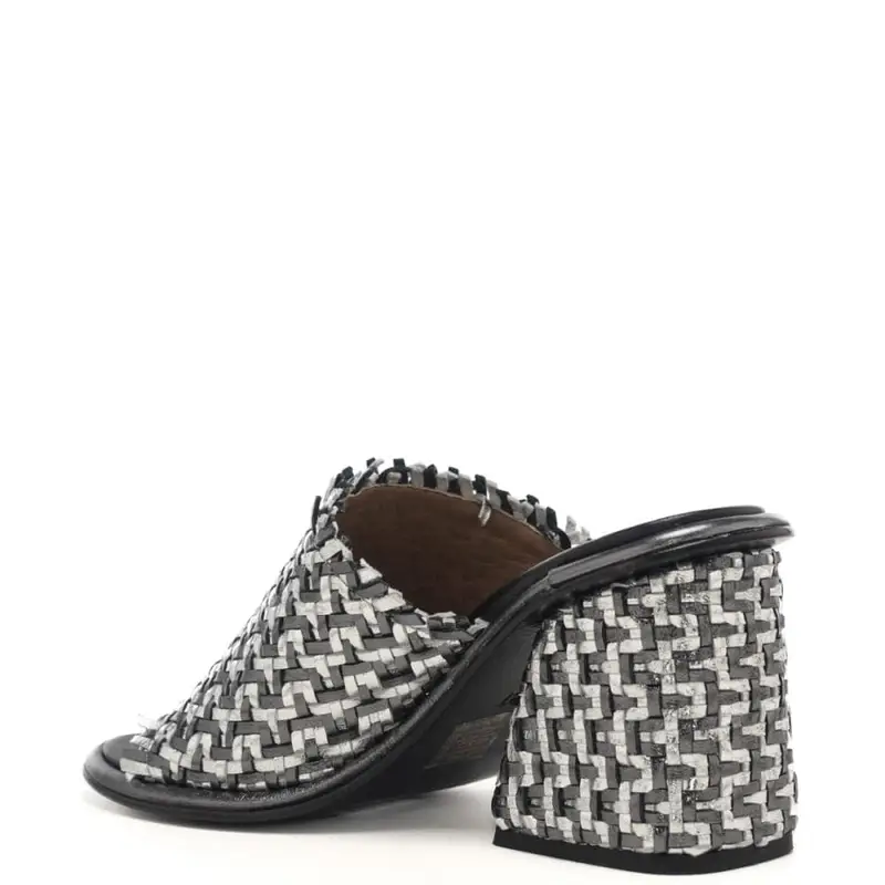 Coral Blue sandali da donna con tacco medio largo in vera pelle laminata intrecciata nero black e argento miniatura 3