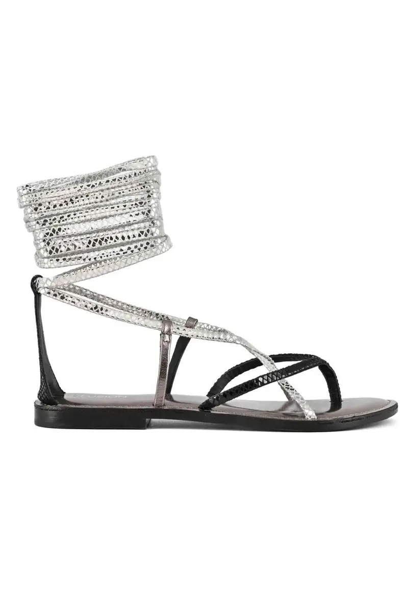 Sandali flat donna infradito in pelle nera con lacci alla caviglia Donna 223016 BLA