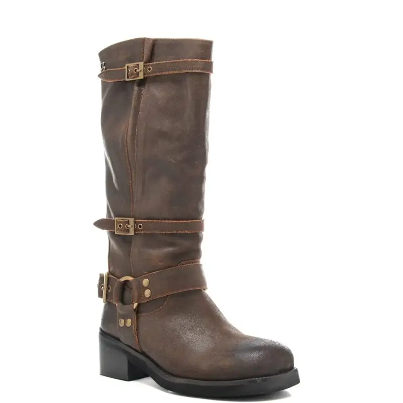 stivali alti da donna biker in pelle effetto invecchiato ebano miniatura 2