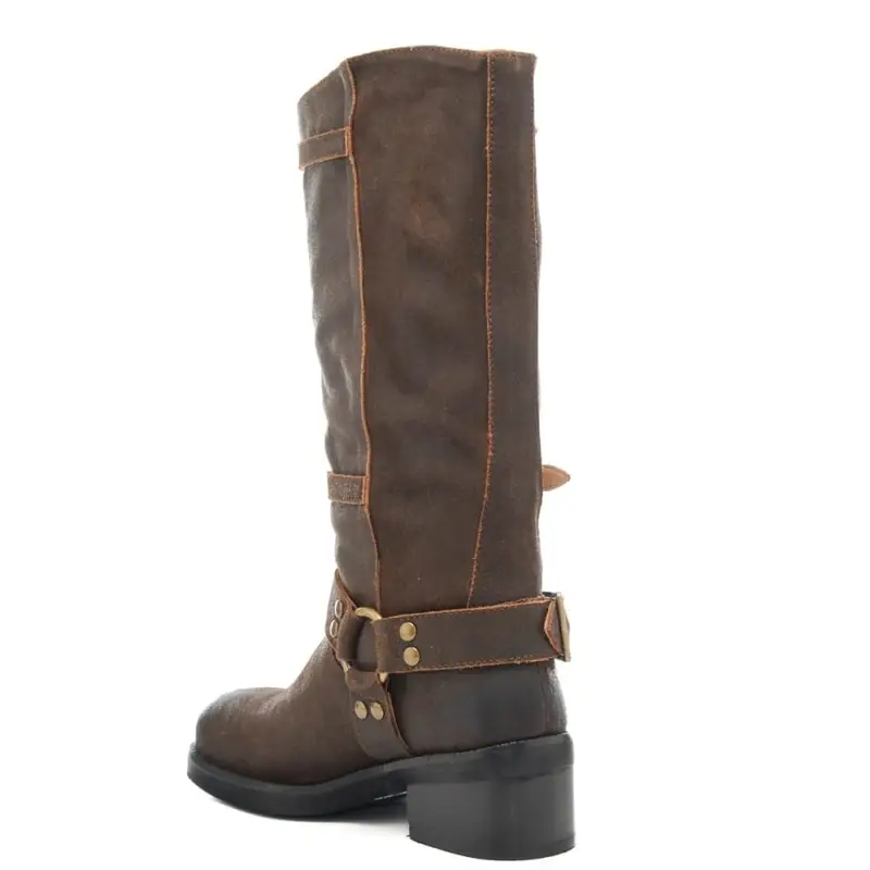 stivali alti da donna biker in pelle effetto invecchiato ebano miniatura 3