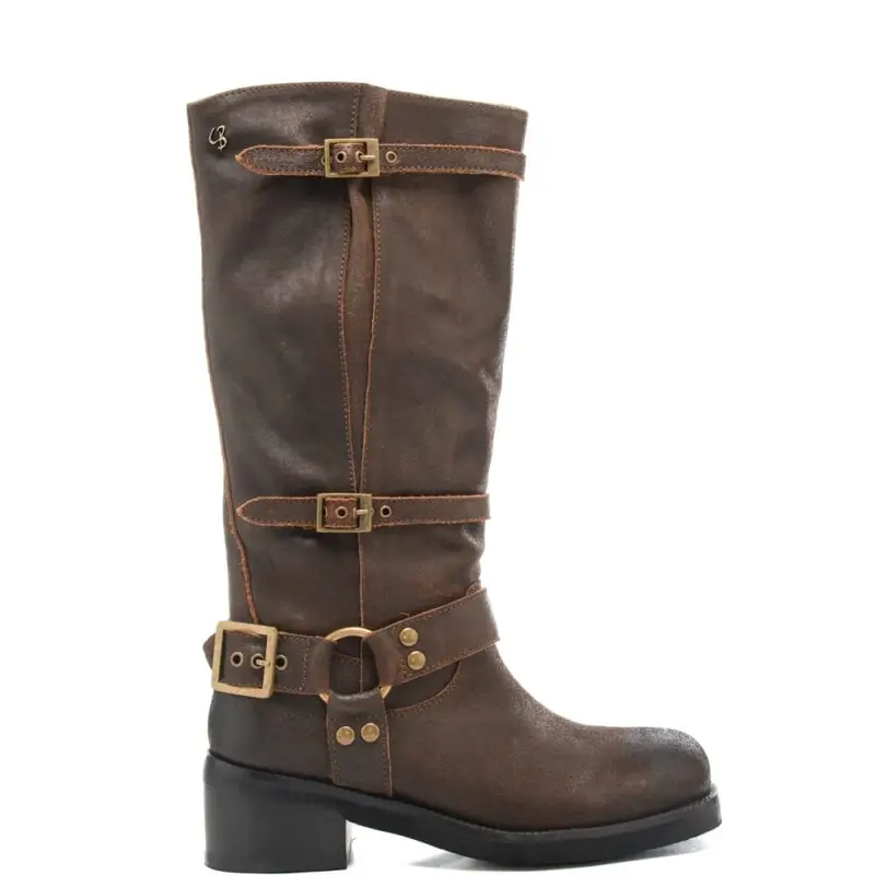 stivali alti da donna biker in pelle effetto invecchiato ebano