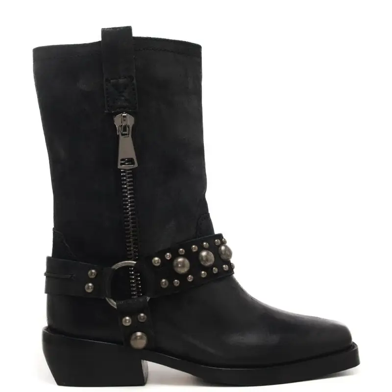 Coral Blue stivali da donna con zip sull'esterno e intreccio con borchie sulla caviglia neri