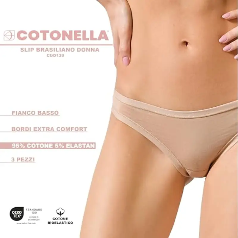 Cotonella, Brasiliano in Morbido Cotone Bielastico - Brasiliano dai Bordi Extracomfort e Comodo Fianco Basso - Confezione da 3 Pezzi - Art. GD139K3 miniatura 3