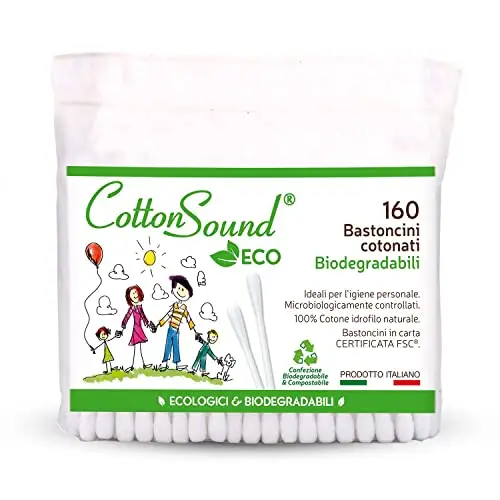 COTTON SOUND ECO Bastoncini Cotonati Busta 1 confezione x 160 Pezzi, Bastoncini Cotonati Ecologici e Biodegradabili,
