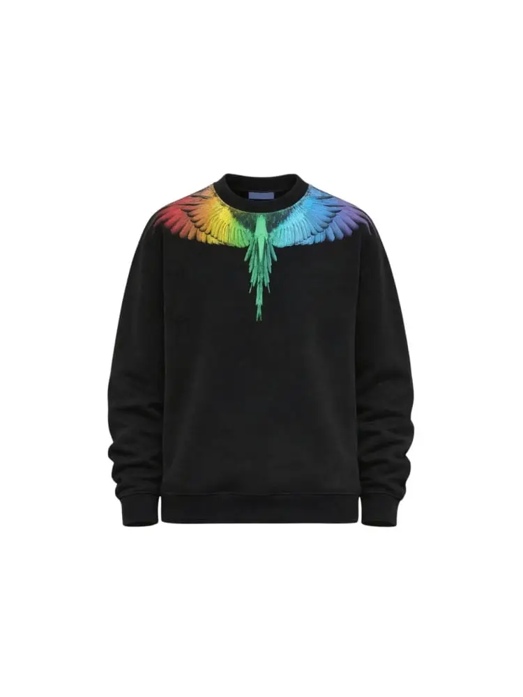 felpa kids/junior in cotone nero con stampa ali multicolor