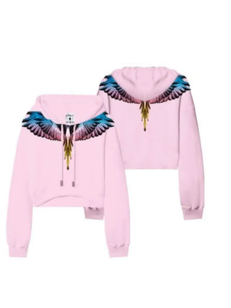 marcelo burlon felpa con cappuccio donna cropped in cotone rosa con stampa ali multicolor