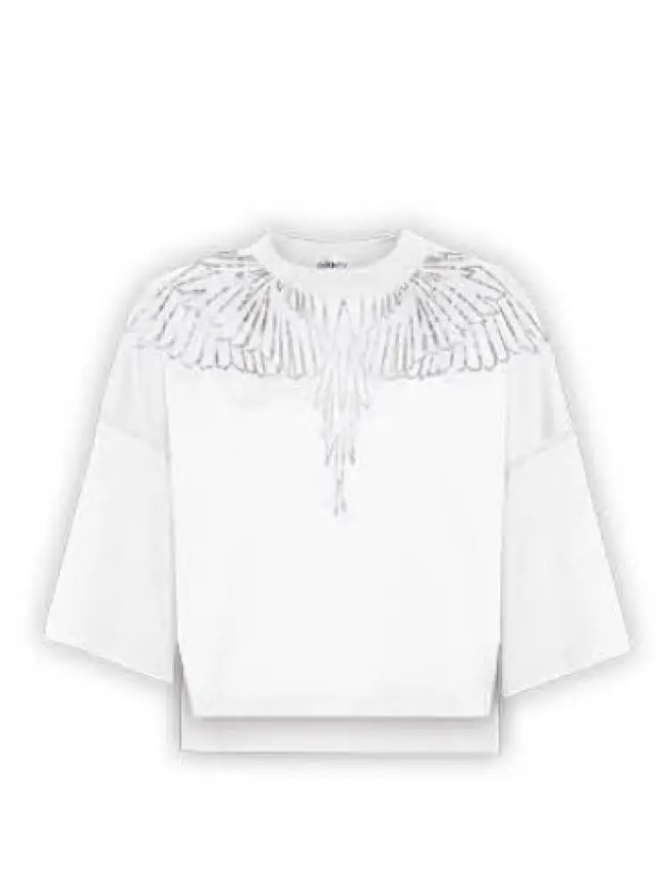 marcelo burlon t-shirt donna cropped in cotone bianco con perfilo ali argento