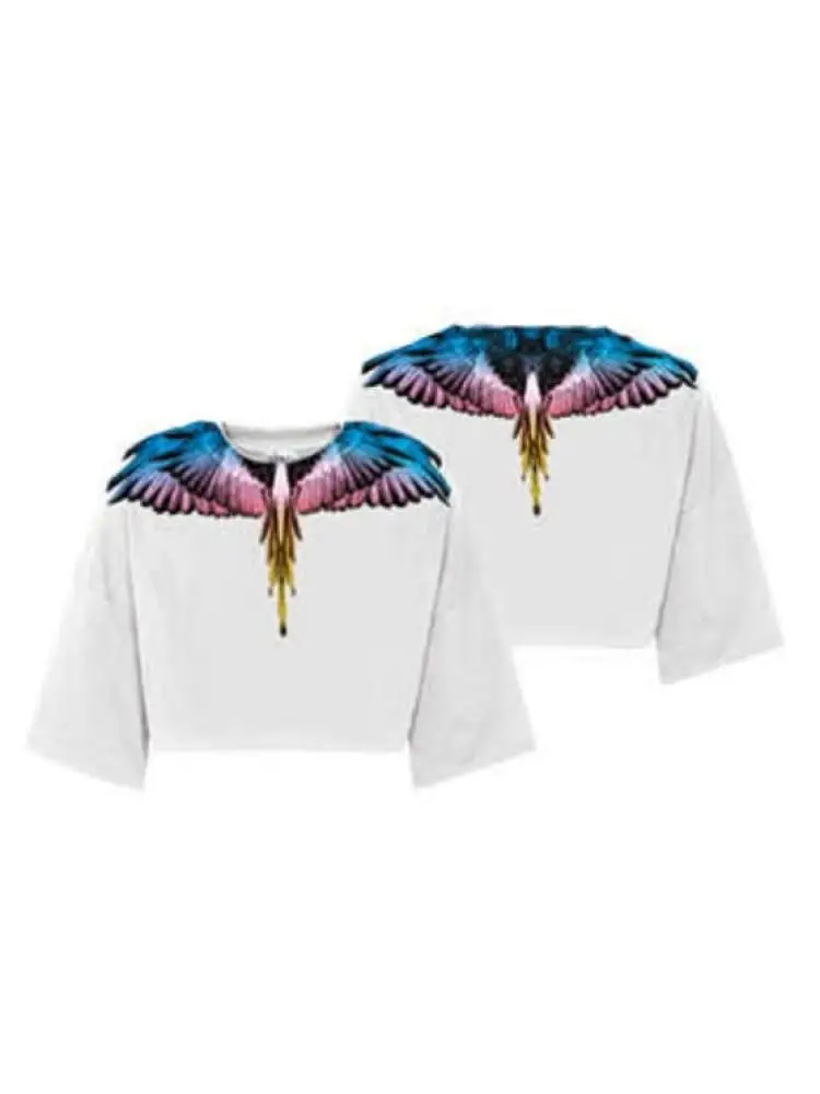 marcelo burlon t-shirt donna cropped in jersey di cotone bianco con stampa ali multicolor