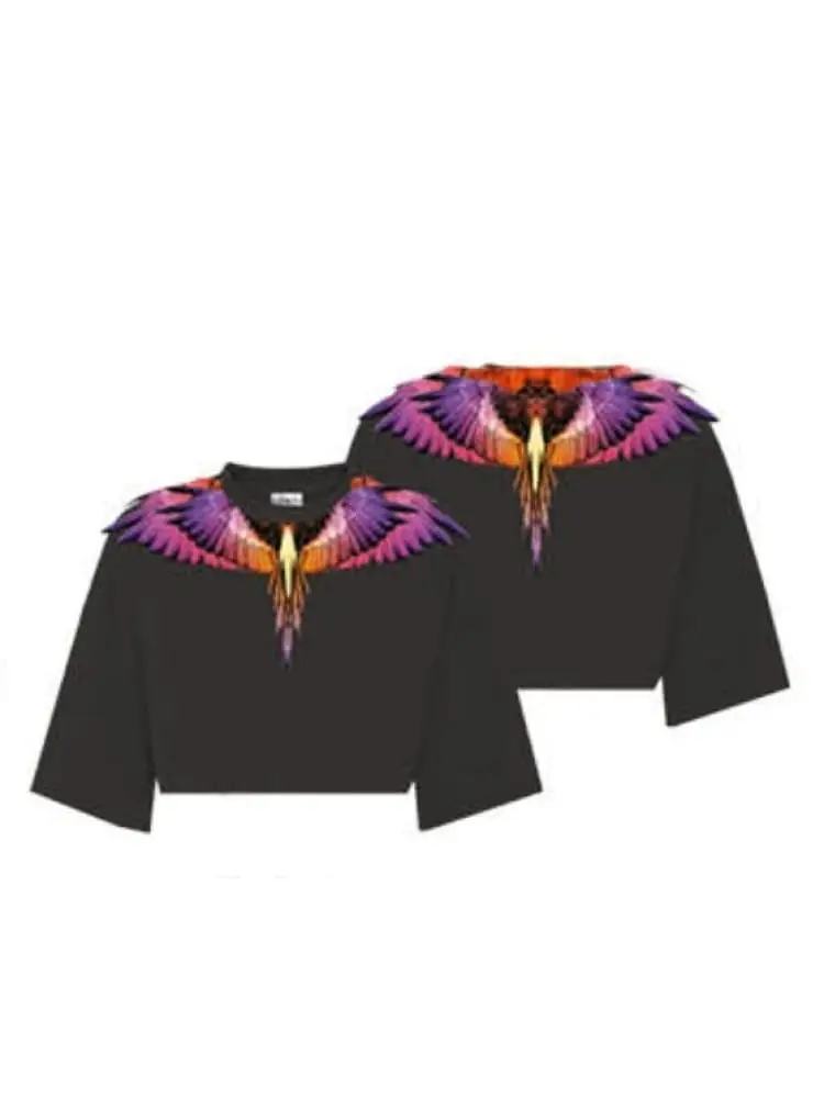 marcelo burlon t-shirt donna cropped in jersey di cotone nero con stampa ali viola arancio