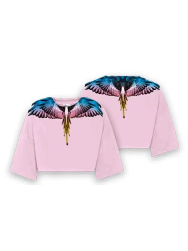 marcelo burlon t-shirt donna cropped in jersey di cotone rosa con stampa ali multicolor