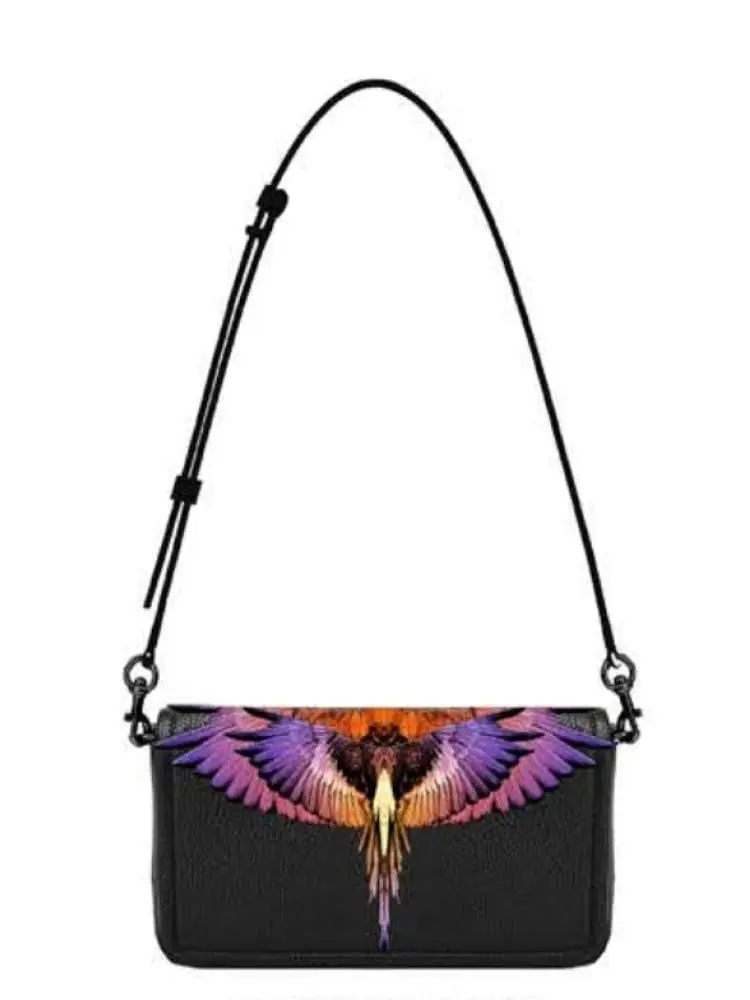 mini borsa a spalla in ecopelle nera con stampa ali fucsia