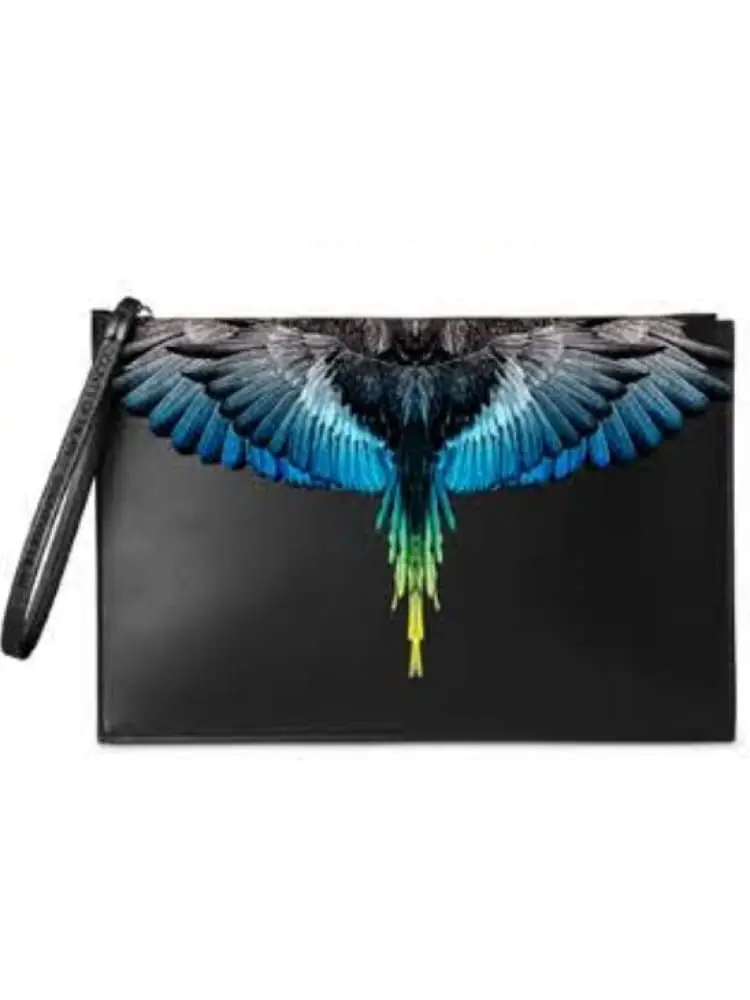 pochette in ecopelle nera con stampa ali blu chiaro