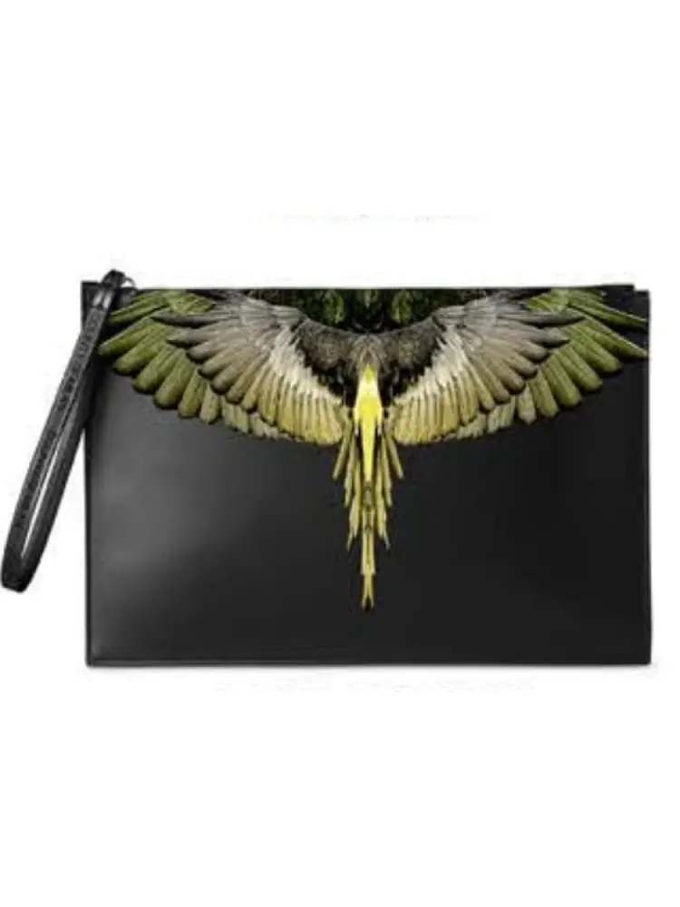 pochette in ecopelle nera con stampa ali verde militare