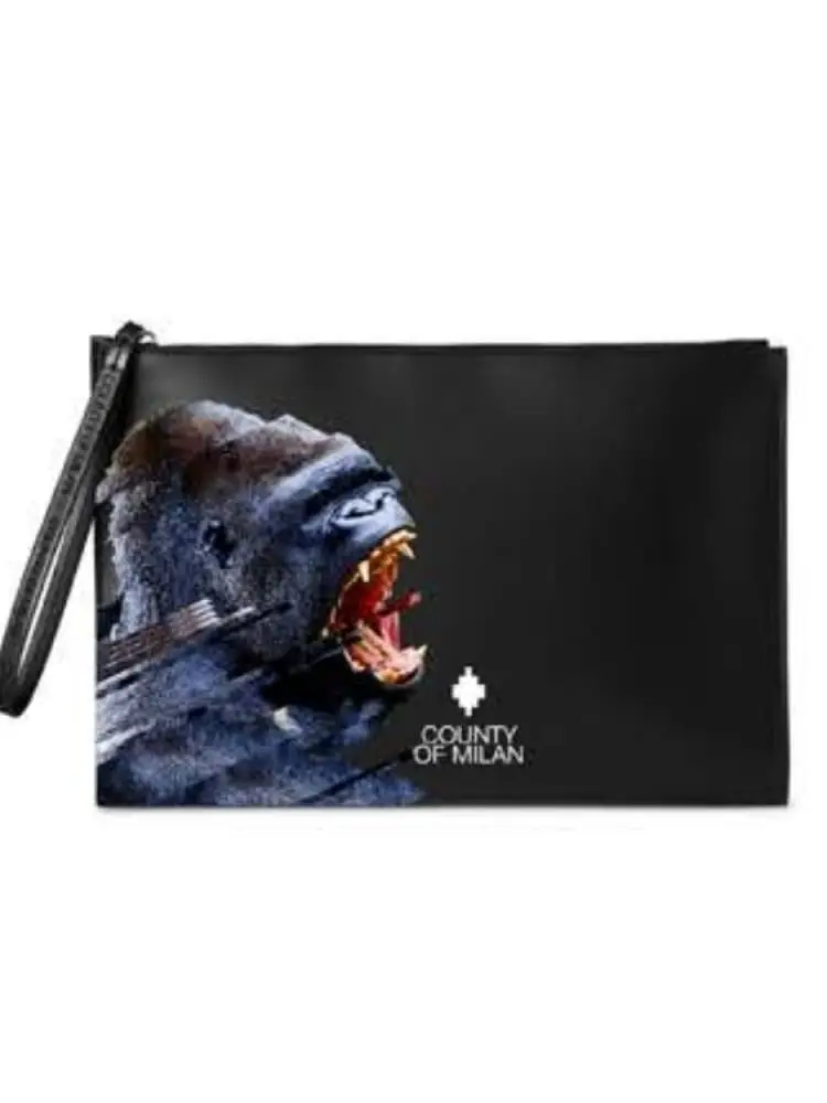 pochette in ecopelle nera con stampa gorilla