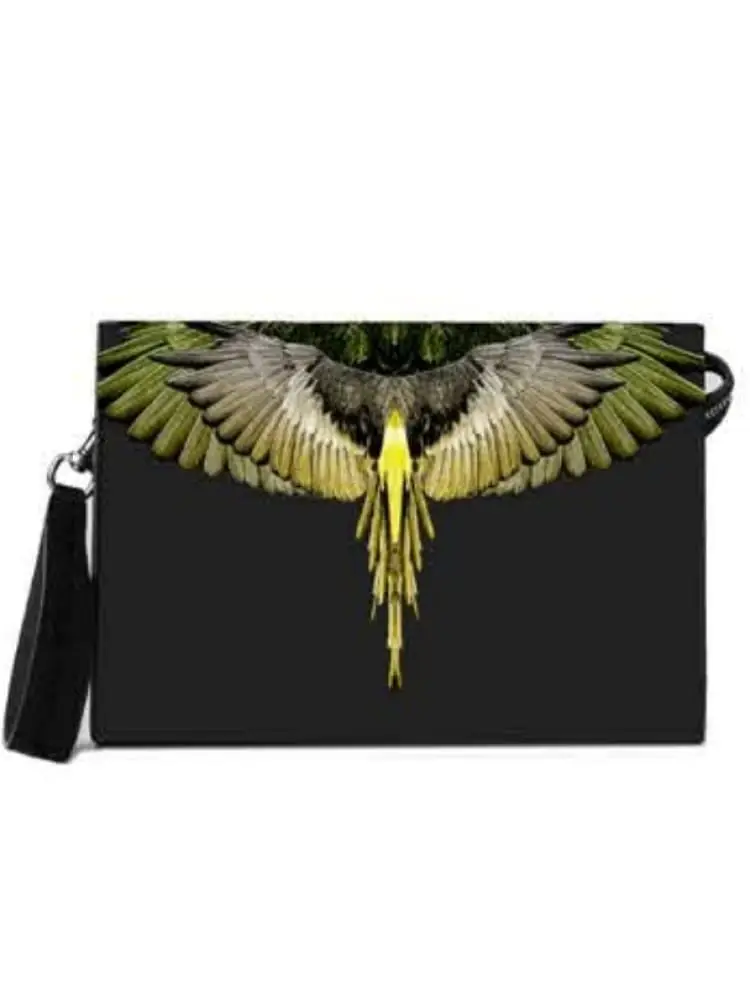 pouche piramidale in ecopelle nera con stampa ali verde militare