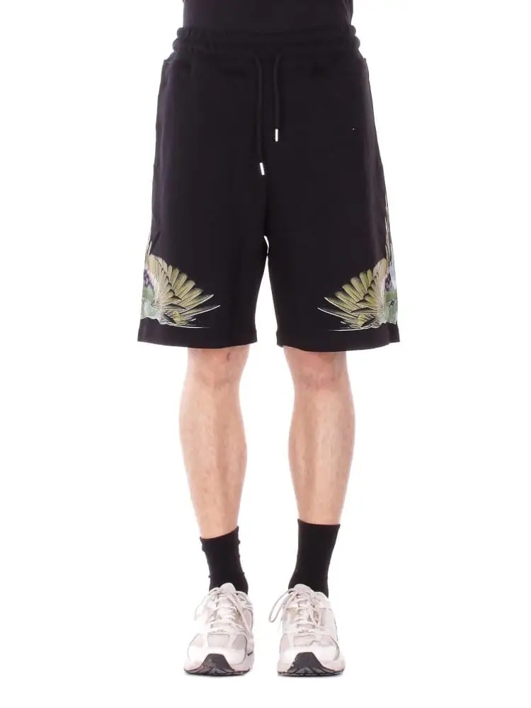 shorts uomo in cotone nero con stamapa ali verde militare