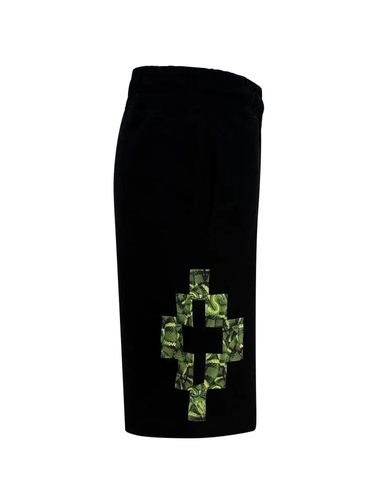 shorts uomo in cotone nero con stampa croce snake verde miniatura 3