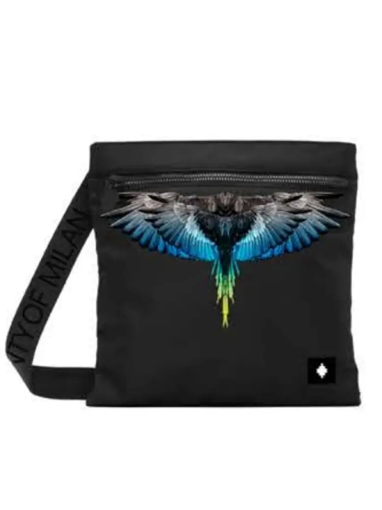tracolla in nylon nero con stampa ali blu chiaro