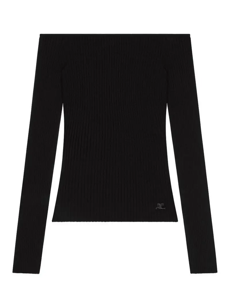 Top nero con scollo Bardot e logo