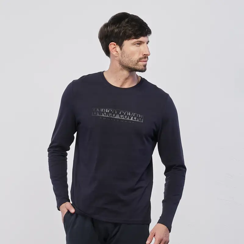 Maglia blu leggera da uomo in cotone con logo